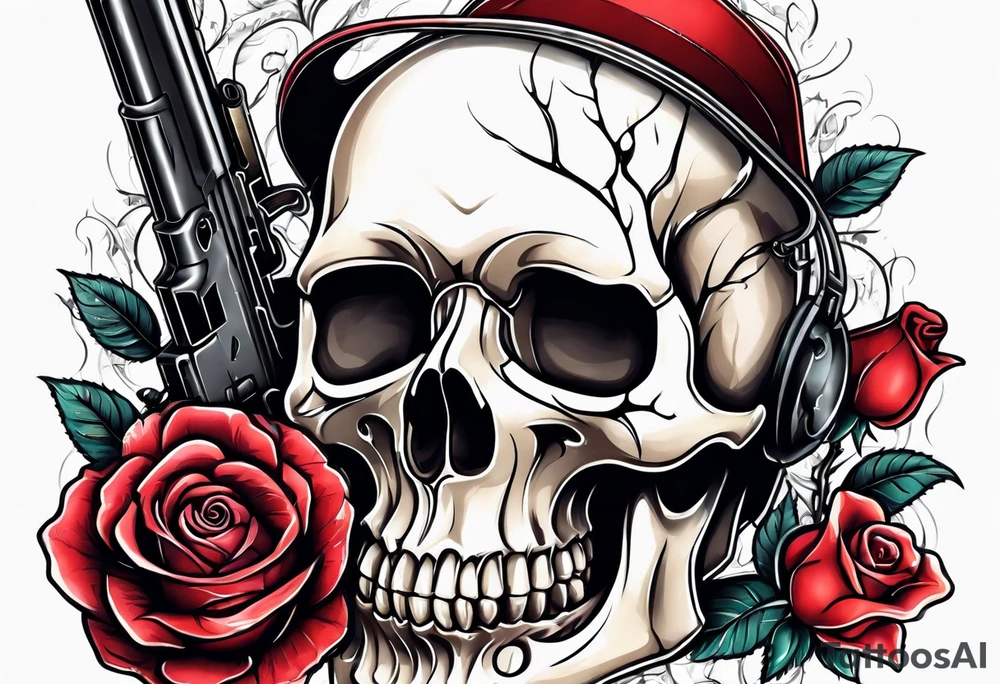 skull with a gun a  rose and a heart tattoo idea