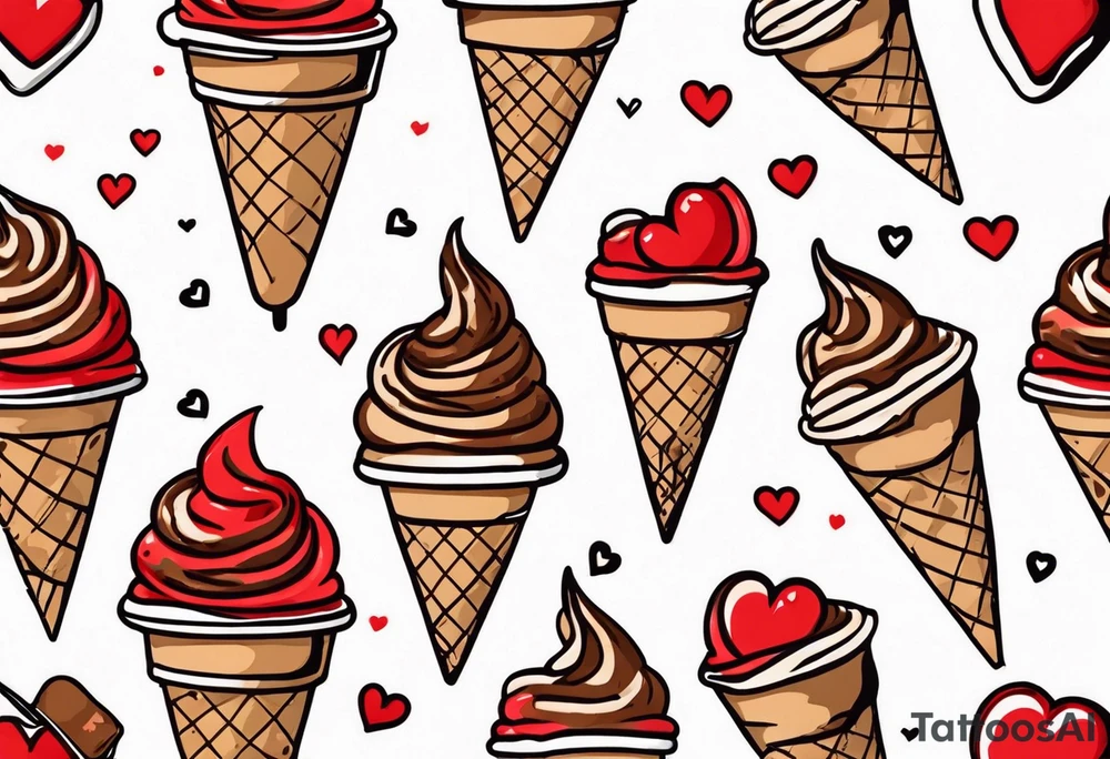 sketch chocolate chip ice cream cone with one red heart tattoo idea