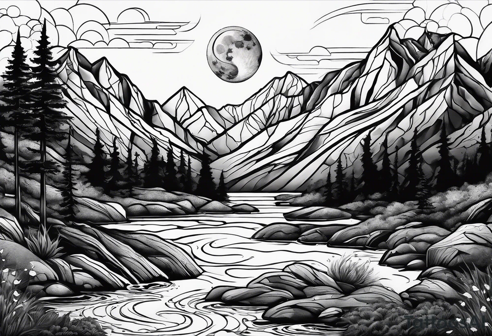 nature with mountains, waterfall, water, and a father and son in the background and and moon/sun in the sky with stars tattoo idea