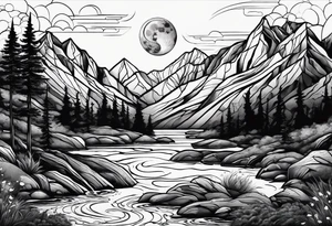 nature with mountains, waterfall, water, and a father and son in the background and and moon/sun in the sky with stars tattoo idea
