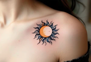 A sun-and-moon fusion circle in warm orange and cool indigo with fine line detailing. tattoo idea