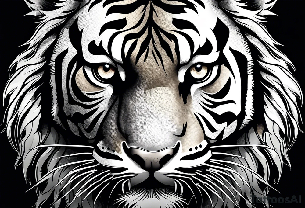 This design focuses on a detailed, realistic drawing of a tiger's face. The tiger's eyes are large and compelling, depicted with a wild and proud expression. The background could be enriched with details of the tiger's natural habitat, such as forests and bamboo trees. tattoo idea