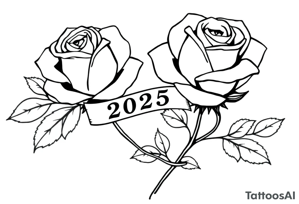 two beautiful large rose buds, one larger than the other, with many leaves next to the rose buds, with one sitting higher than the other. Include a banner connecting the two roses with the year "2025" on it.   Use dark outlines with little shading. The two stems should be short, not long, and connect and join into one stem, whimsically curved or twisted - not straight down. tattoo idea