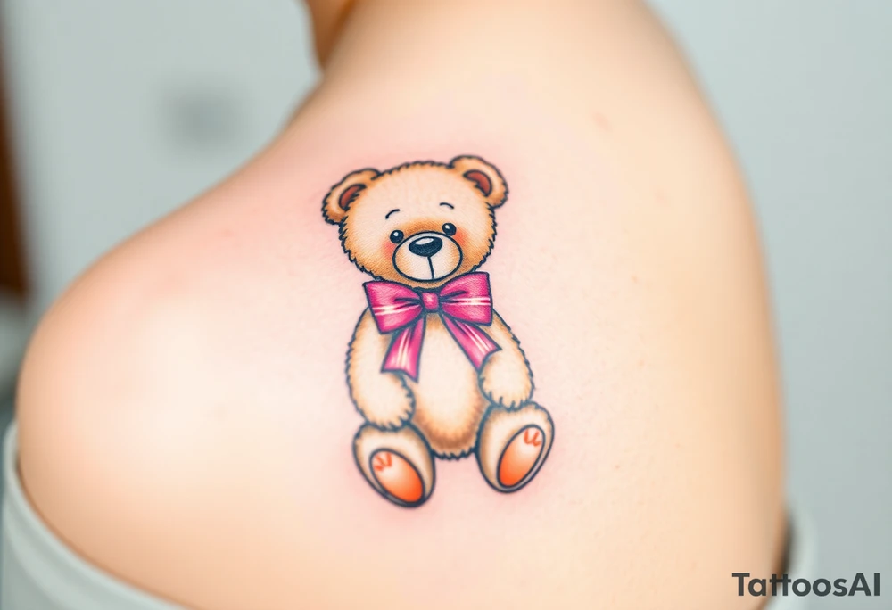 realistic tan teddy bear with a pink bow around its neck tattoo idea