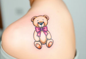 realistic tan teddy bear with a pink bow around its neck tattoo idea