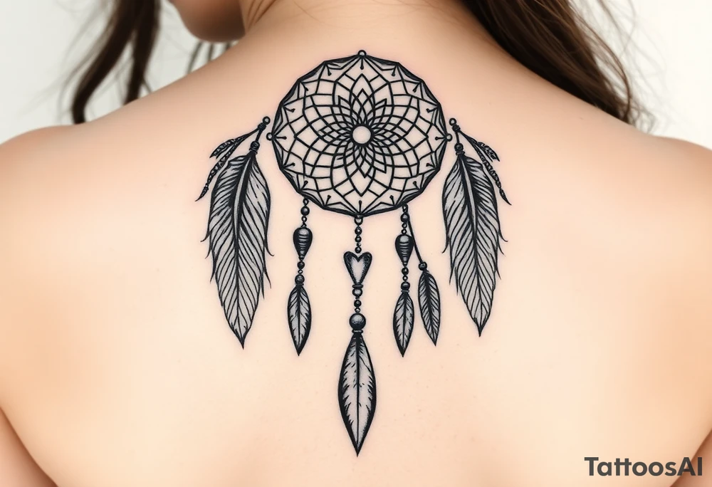 native dreamcatcher with flowing feathers and sacred beads tattoo idea