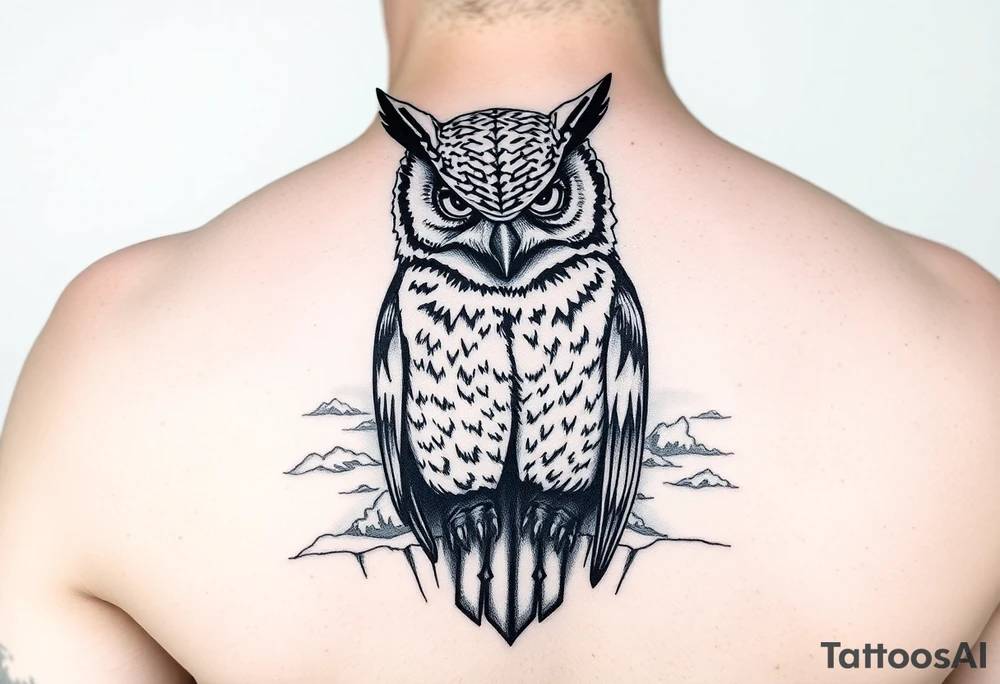 Masked owl overlooking a trench with waves in the background for the arm tattoo idea