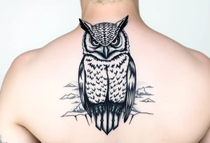 Masked owl overlooking a trench with waves in the background for the arm tattoo idea