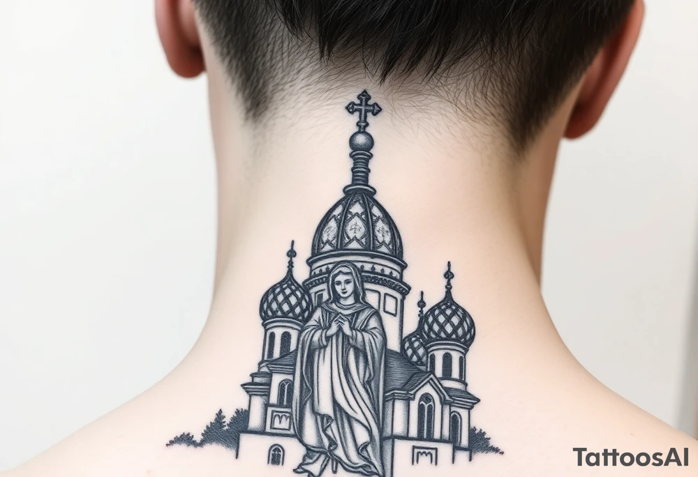 Flowing Scene

A onion domes orthodox church
Virgin Mary in prayer pose wrapping around the lower neck curve
A small double headed russian coat of arms eagle or just the star tucked above the dome near the hairline tattoo idea