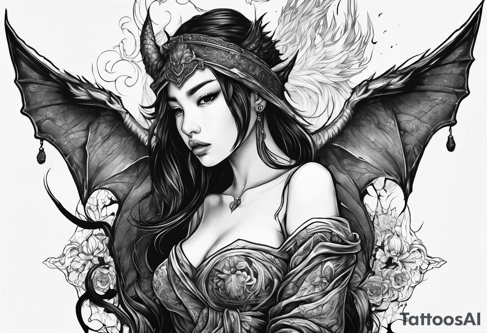 2 dimensional art of a bleeding girl threatened by an asian gargoyle tattoo idea