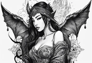 2 dimensional art of a bleeding girl threatened by an asian gargoyle tattoo idea