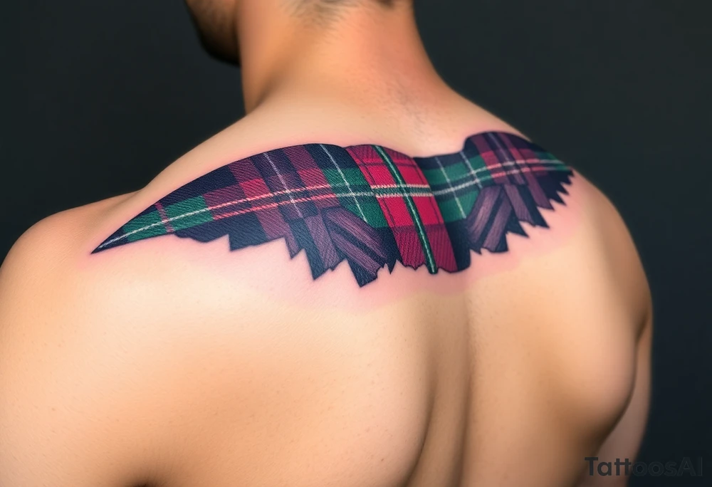 Side of arm Dark Purple with green pink blue and white highlights tartan fabric with skin peeling away at edges tattoo idea