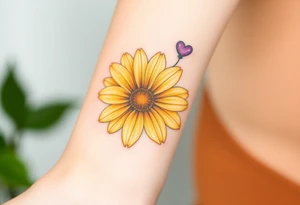 Yellow daisy flower with Purple Hearts tattoo idea