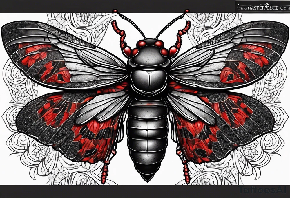 Black stippled cicada with red pattern or texture background tattoo idea