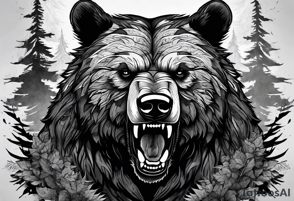 Bear growling. They are in a cloudy forest with fierce warriors. Number 14 is in the sternum tattoo idea