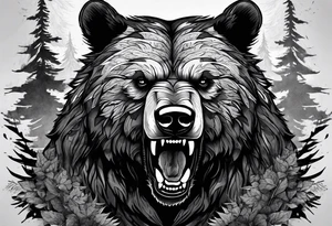 Bear growling. They are in a cloudy forest with fierce warriors. Number 14 is in the sternum tattoo idea
