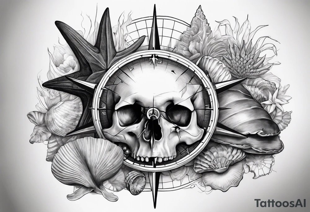 Compass, shells, shark teeth, starfish, oyster with pearl, skull tattoo idea