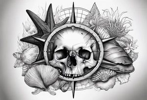 Compass, shells, shark teeth, starfish, oyster with pearl, skull tattoo idea