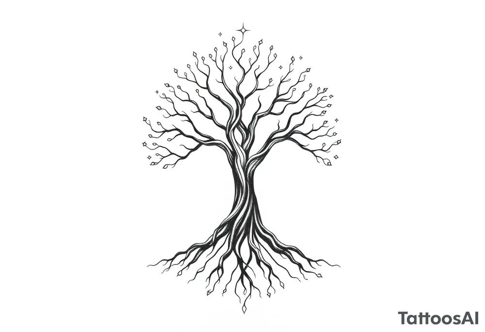 mystical tree of life with cosmic roots and celestial branches tattoo idea