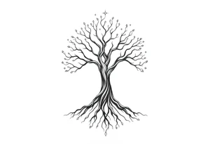 mystical tree of life with cosmic roots and celestial branches tattoo idea