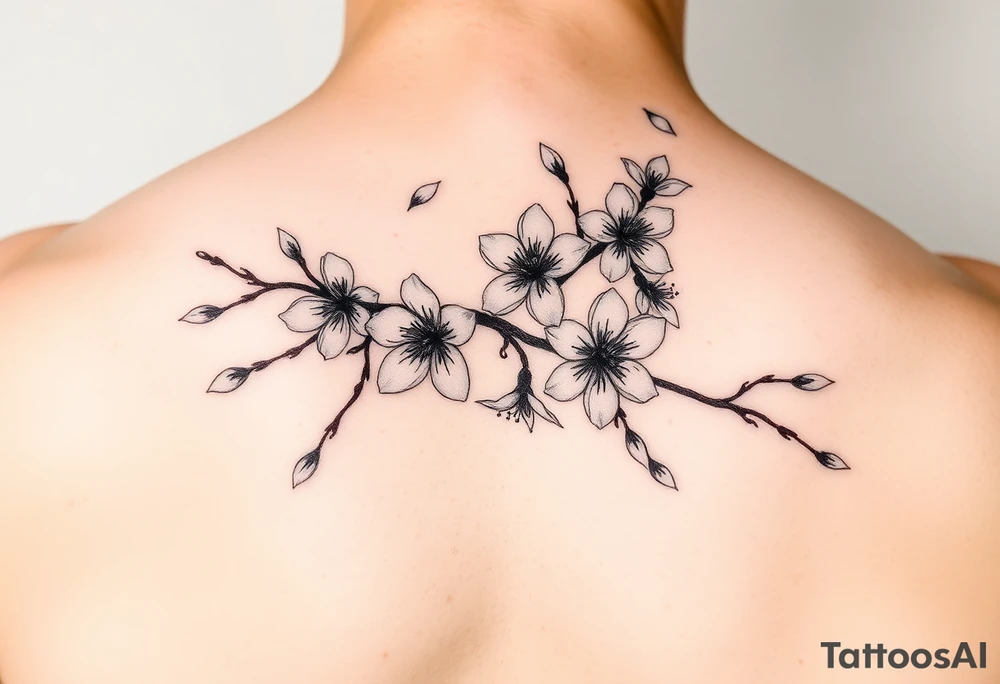 delicate cherry blossoms swirling in spring breeze with petals tattoo idea