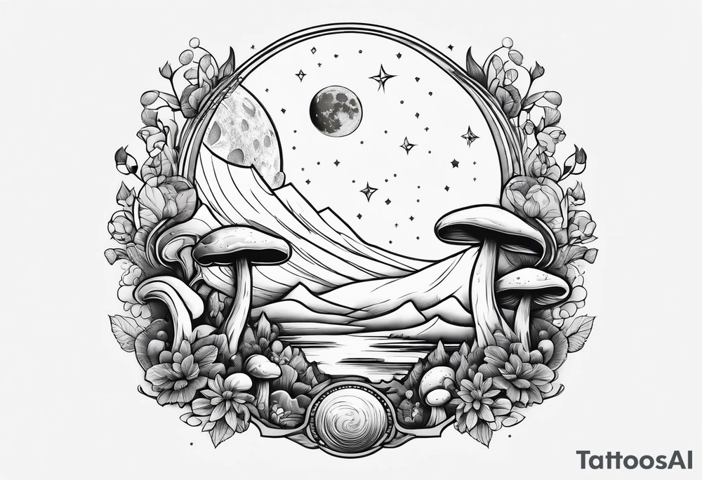 moon with crystals, mushrooms tattoo idea