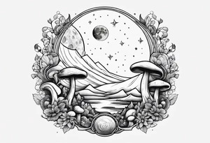 moon with crystals, mushrooms tattoo idea