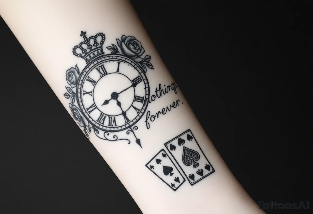 Roman clock with roses and a crown,  a quote that says nothings forever. and on the bottom a deck of cards tattoo idea