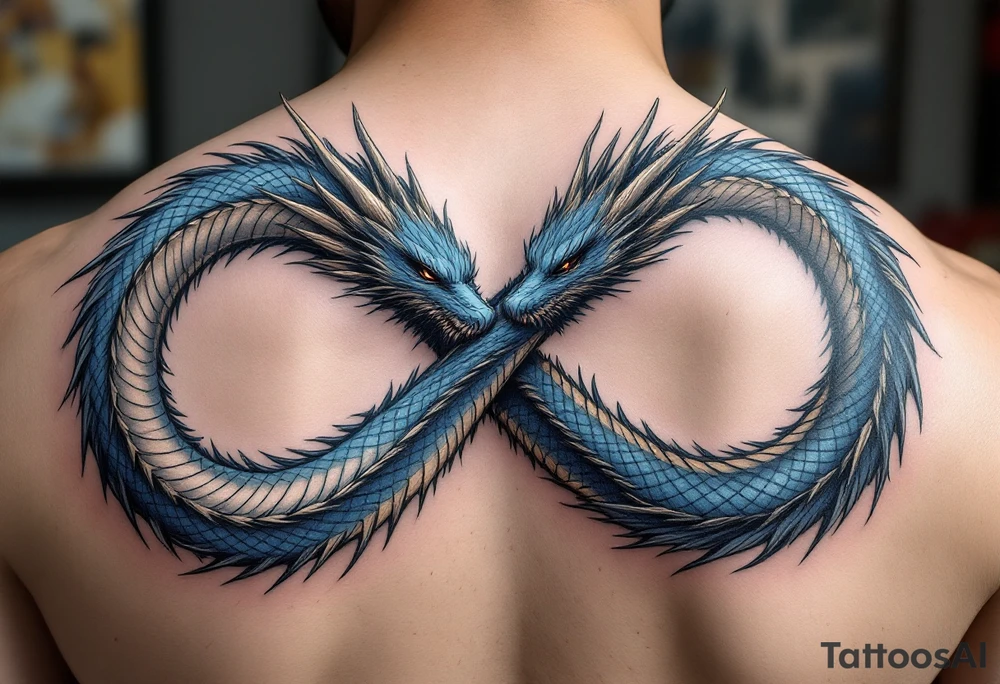 The design features a dragon, coiled in the shape of the infinity symbol (sideways number "8"). The dragon is depicted eating its own tail, symbolizing eternity and continuity, inspired by the Ouroboros.

Details:

The dragon's body has vibrant, glossy blue scales, with a smooth and polished texture.
It maintains a clean, balanced shape in the infinity figure, with sharp details and elegant flow.
Style:

The focus remains on the dragon's form, with no additional background elements to keep the design minimal and modern. tattoo idea