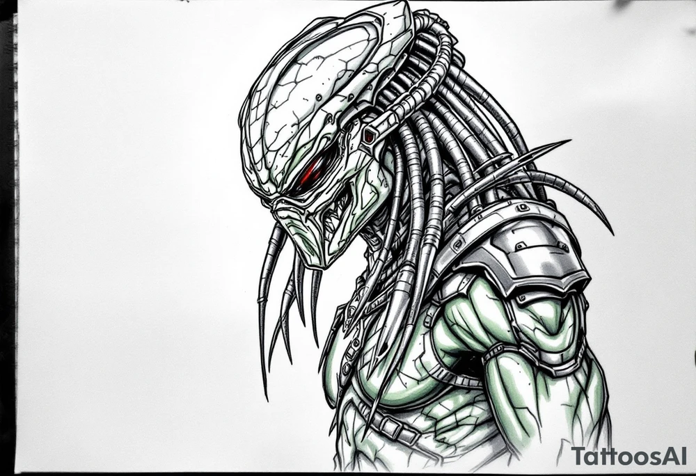 Falconer Predator – A sleek and stealth-focused Yautja from Predators (2010), with grayish-green skin, smooth, lightweight armor, and a custom bio-mask with a visor-like design. Uses a mechanized falcon drone to track prey. tattoo idea