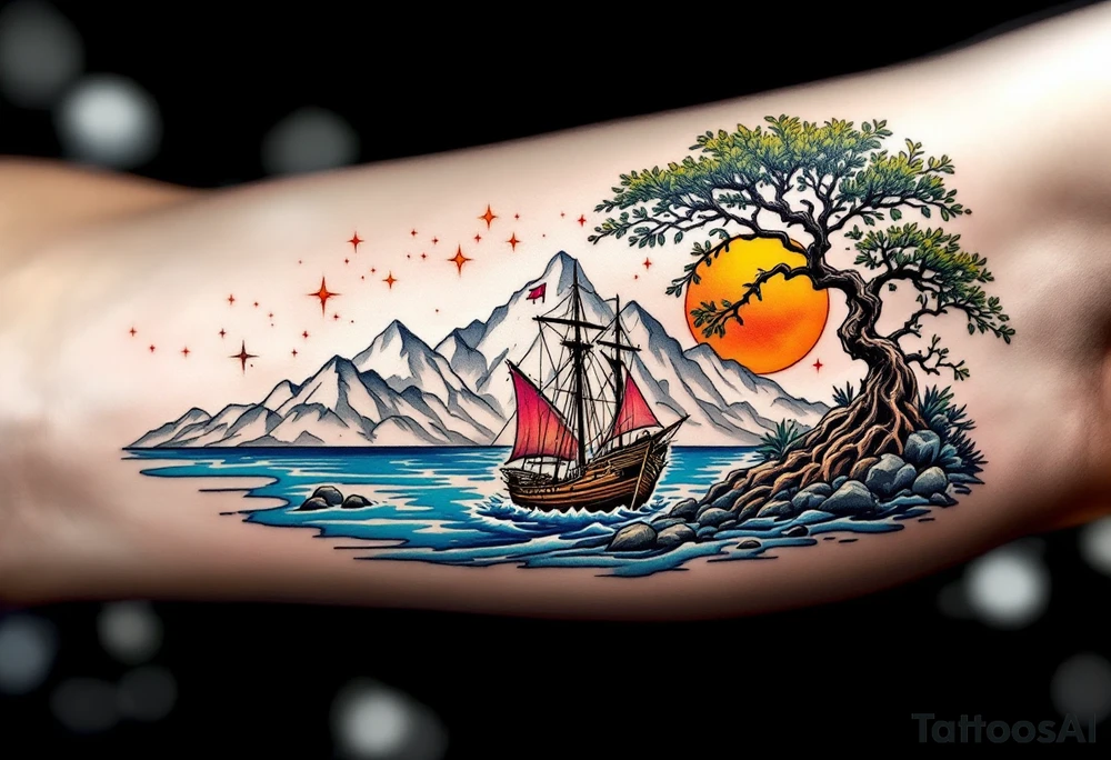 tattoo that has an acacia tree with mountains, ocean with a ship wreck and the northern star tattoo idea