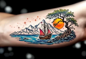 tattoo that has an acacia tree with mountains, ocean with a ship wreck and the northern star tattoo idea