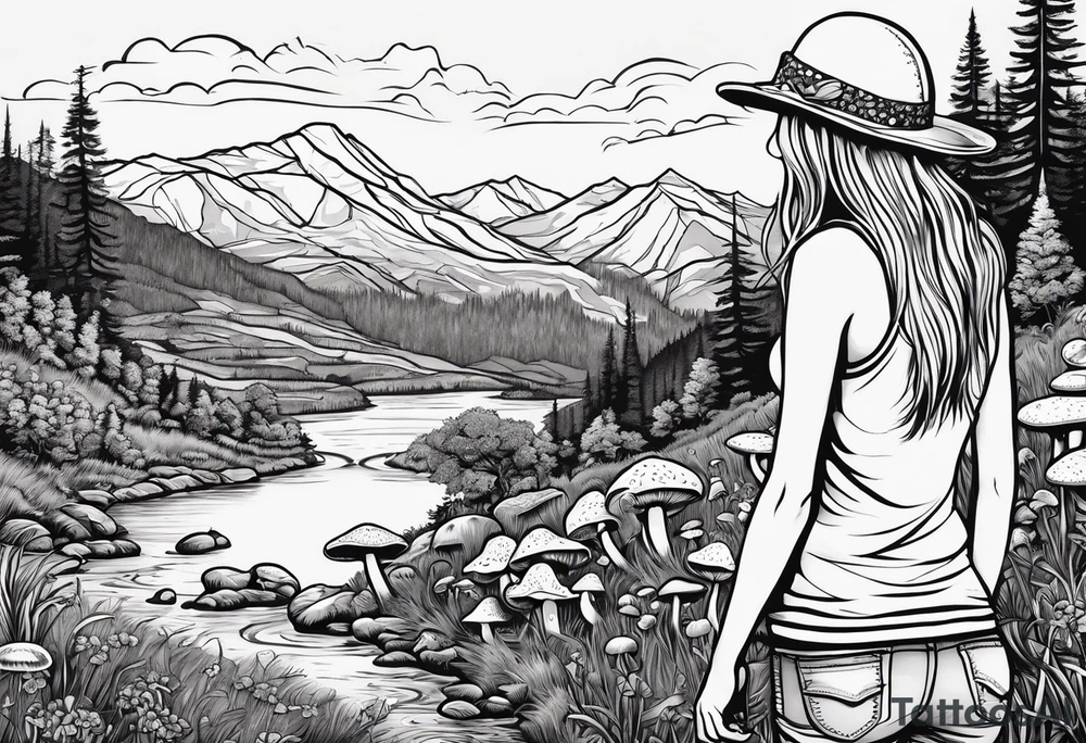 Straight long blonde hair hippie girl in distance holding mushrooms in hand facing away toward mountains and creek surrounded by mushrooms tee shirt and hiking pants tattoo idea