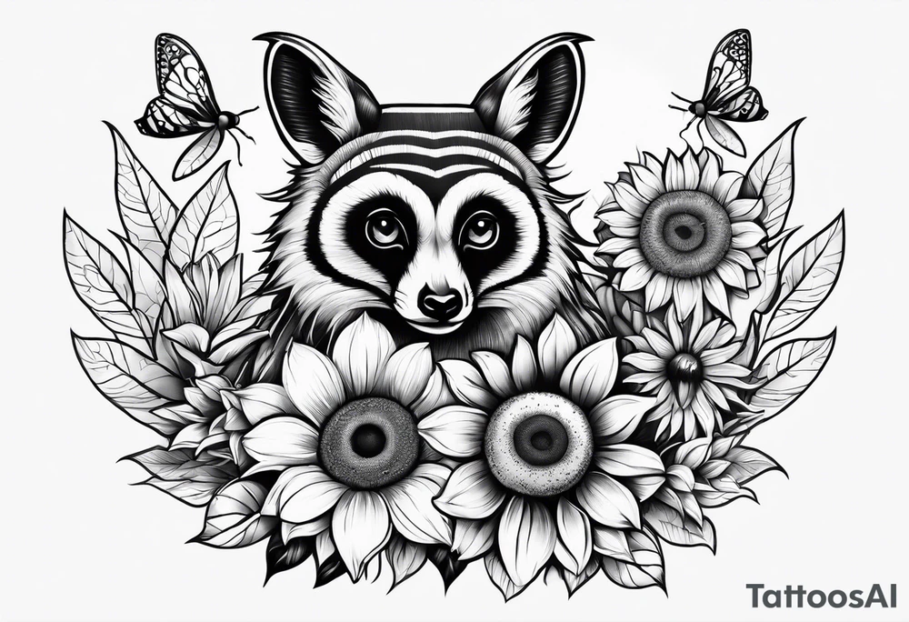 A lemur, a sunflower, and a bumble bee tattoo idea