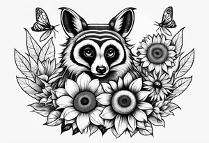 A lemur, a sunflower, and a bumble bee tattoo idea