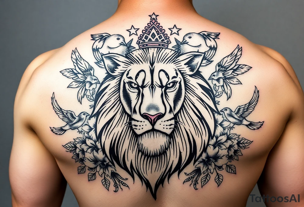 powerful majestic lion with a crown, surrounded by floral ornaments and birds tattoo idea