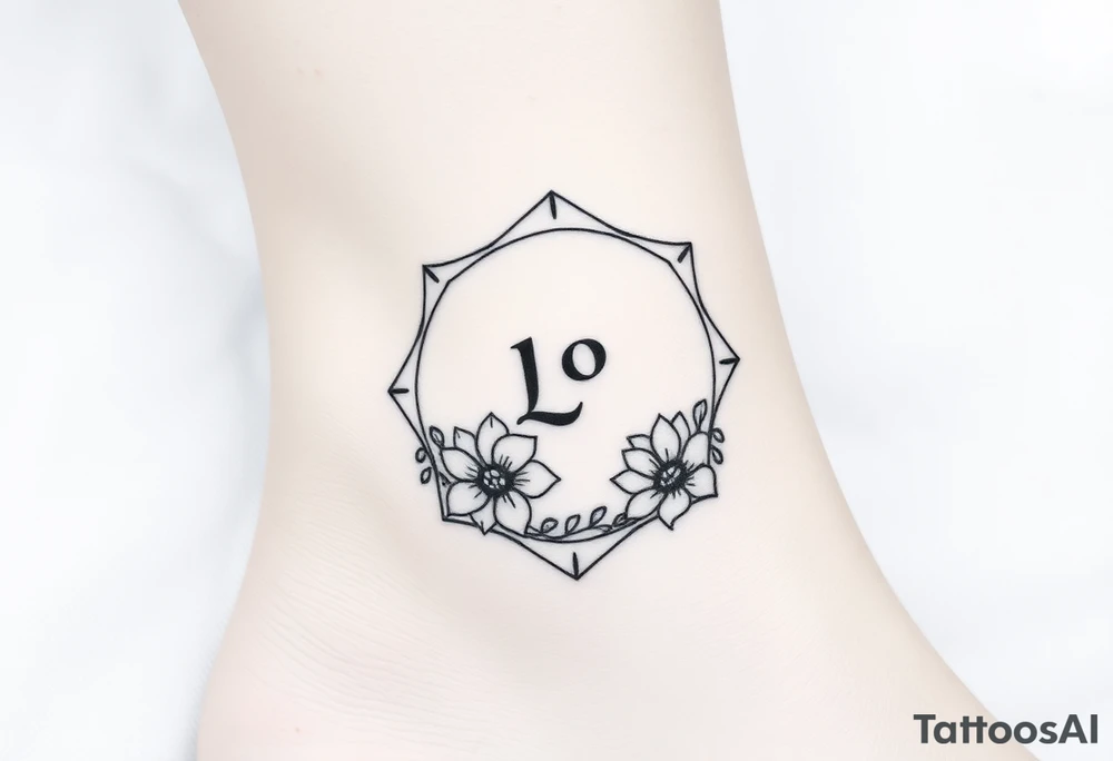 Hexagon with astrological sign for Leo, larkspur and water lilies in the center tattoo idea