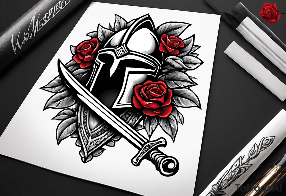 A miniature image of a Spartan helmet and a medieval sword with a rose. tattoo idea