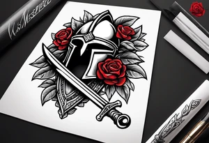 A miniature image of a Spartan helmet and a medieval sword with a rose. tattoo idea