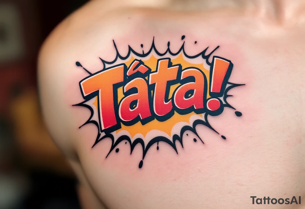 A comic-book style “Táta!” bubble in red and yellow with inside. tattoo idea