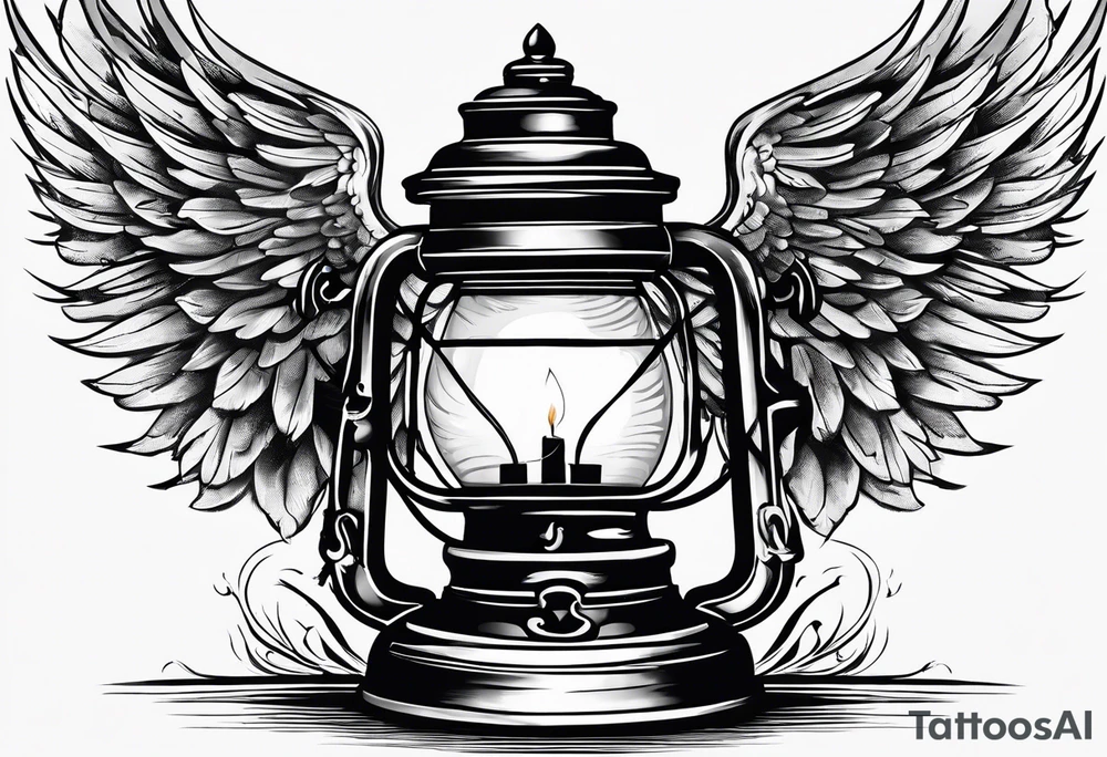 Extinguished oil lamp with smoke and angel wings tattoo idea
