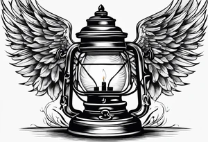 Extinguished oil lamp with smoke and angel wings tattoo idea