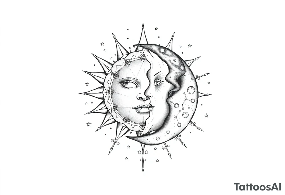 celestial sun and moon embrace with constellation patterns tattoo idea celestial sun and moon embrace with constellation patterns tattoo idea