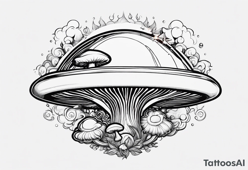 mushroom rocketship with fire coming out the bottom bursting out of bubble into spiritual realm tattoo idea