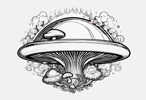 mushroom rocketship with fire coming out the bottom bursting out of bubble into spiritual realm tattoo idea