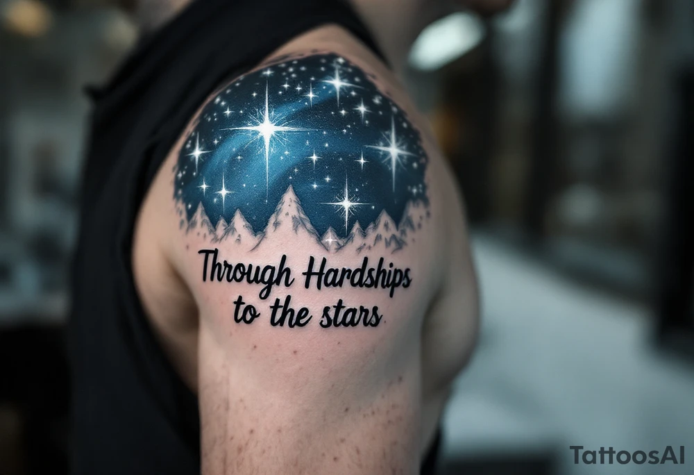 This tattoo combines quote “Through Hardships to the stars” with silver star trails over a midnight blue sky on the upper arm. tattoo idea