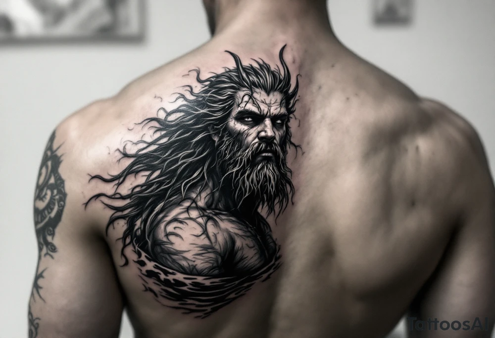 fit poseidon, with trident, in water, looking at the horizon tattoo idea