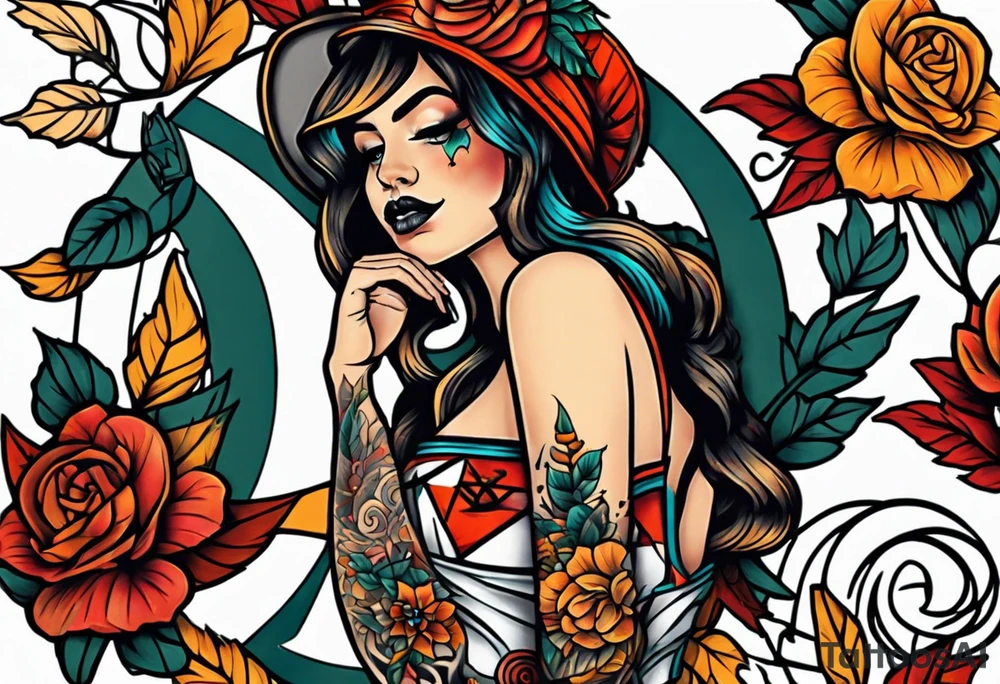 Old school knee tattoo with skull and fall colors tattoo idea
