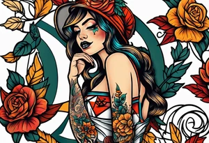 Old school knee tattoo with skull and fall colors tattoo idea