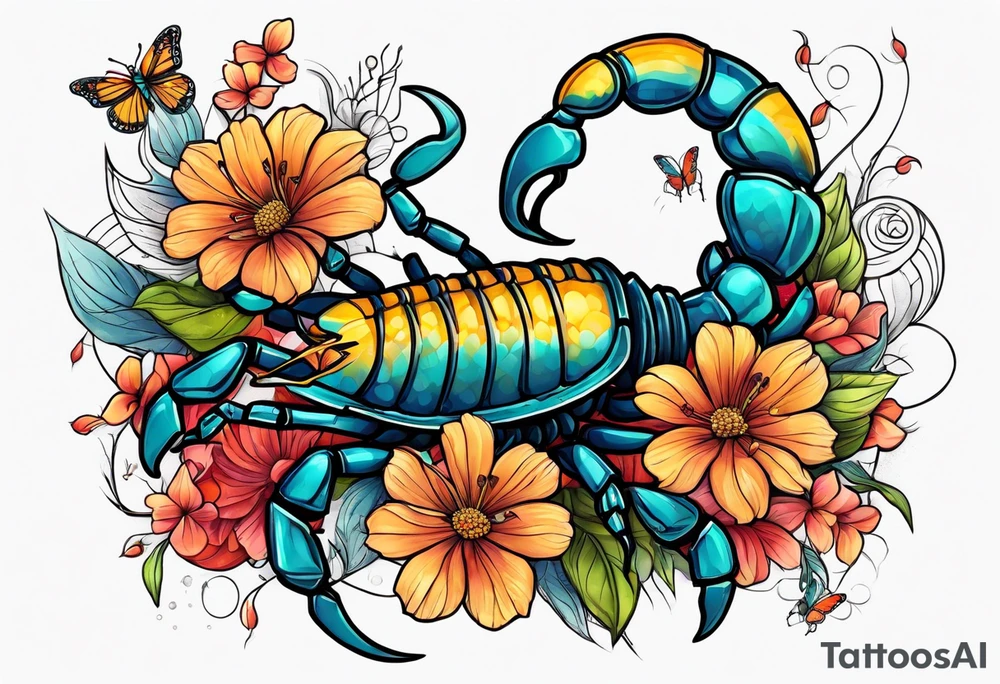 Large scorpion with flowers and butterflies tattoo idea